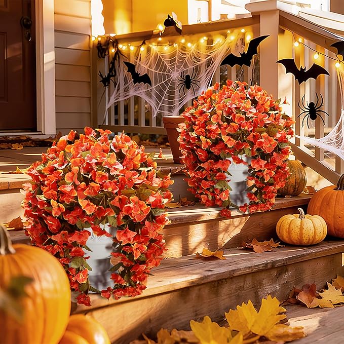 Bougainvillea Artificial Flowers Plants for Outdoors Outside Fall Autumn Decor, 2 pcs Faux Silk Long Trailing Vines UV Resistant Look Real Orange Fake Flowers for Front Door Porch Planter Urn Patio