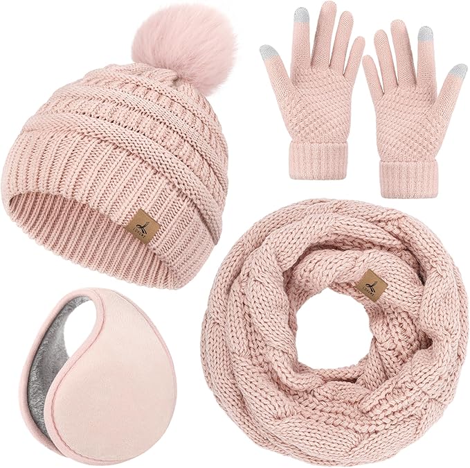 Winter Hat Scarf Gloves and Ear Warmer, Warm Knit Beanie Hat Touch Screen Gloves Set Winter Gifts Neck Scarves for Women