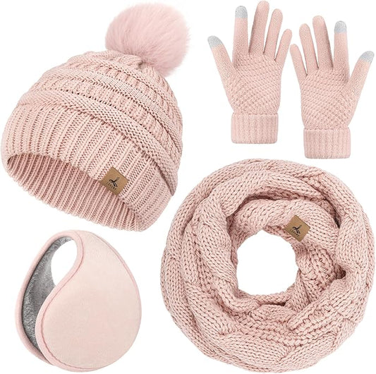 Winter Hat Scarf Gloves and Ear Warmer, Warm Knit Beanie Hat Touch Screen Gloves Set Winter Gifts Neck Scarves for Women