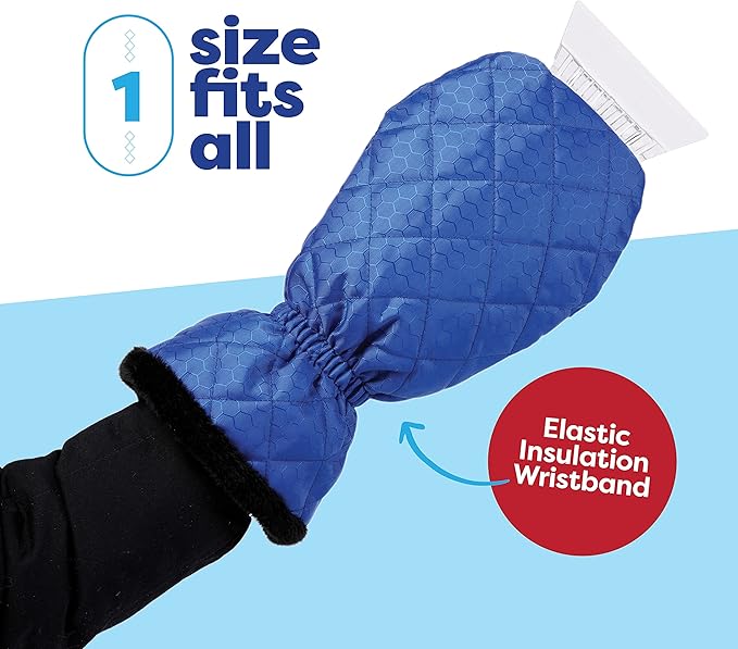 SCRUBIT Ice Scraper with Glove - Car Windshield Scraper for Ice and Snow w/Fleece Mitt - Quickly Scrape and Remove Snow While Staying Warm - Waterproof & Windproof - Car Scraper Snow Brush (Blue)