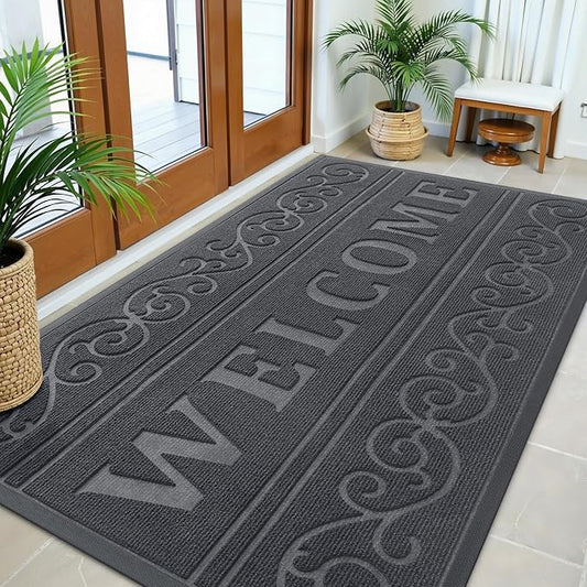 OLANLY Welcome Door Mat Indoor Outdoor Entrance, Heavy Duty Sturdy Front Door Mat, Waterproof All-Weather Doormat, Stain Resistant, Low Profile, Easy Clean Patio Entryway Mat, 59 x 35, Medium Grey