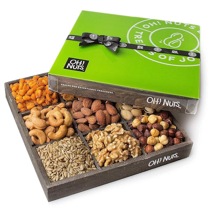 Oh! Nuts 9 Variety Nuts Gift Basket - Healthy Gift Baskets - Gourmet Assorted Nuts Tray - Gift Box for Holiday, Movie Night, Corporate, Families - Gift Ideas for Men and Women