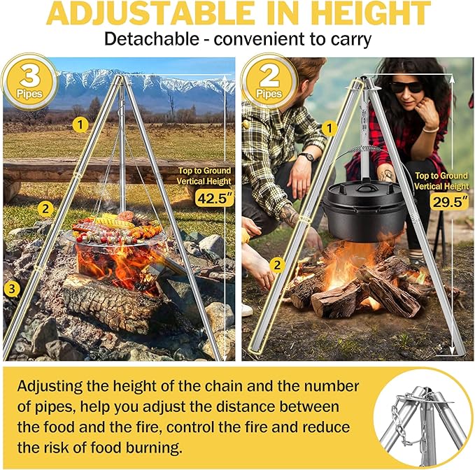 Joyfair Campfire Camping Tripod Grill Grate(17” Dia.), Heavy Duty Stainless Steel Openfire Tripod with Over Firepit Rack Camp Equipment, Adjustable Height Stand for Outdoor BBQ Cooking Grilling