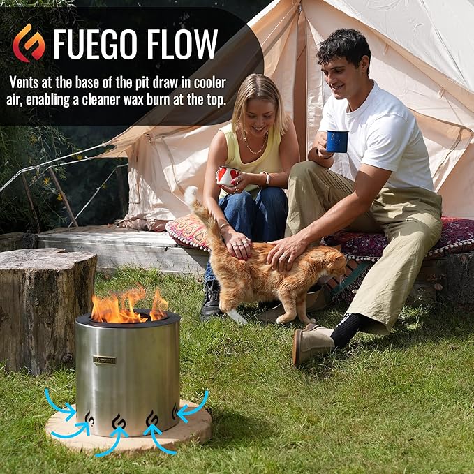 El Campo Portable Wax-Burning Fire Pit – Clean-Burning, No-Wood Fuel with 8-Hour Wax Refill – Compact and Durable for Camping, Travel, and Outdoor Use – Stainless Steel Finish