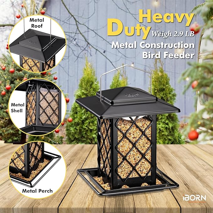 iBorn Bird Feeders for Outdoors, Metal Bird Feeder, Wild Bird Feeders for Cardinal, 2.4LBS Capacity,18cm Large Roof, Lantern Style, Black