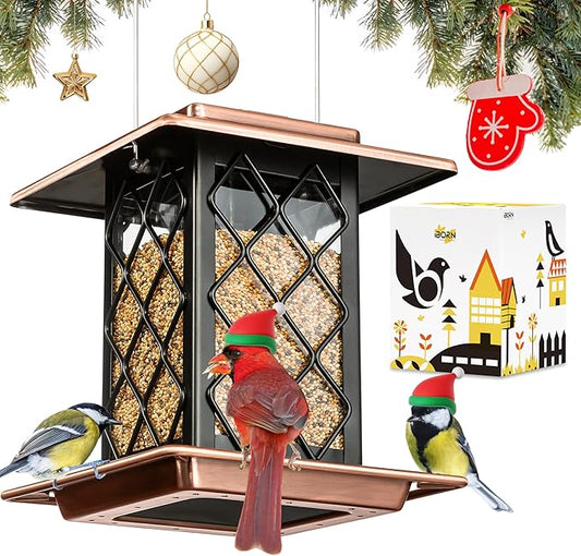 iBorn Bird Feeders for Outdoors, Metal Bird Feeder, Wild Bird Feeders for Cardinal, 2.4LBS Capacity,18cm Large Roof, Lantern Style, Brush Copper