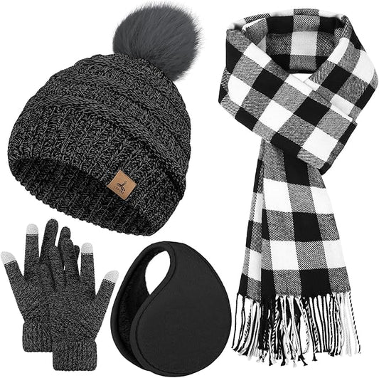 Winter Hat Scarf Gloves and Ear Warmer, Knit Warm Beanie Hat Touch Screen Gloves Long Knitted Plaid Scarf Set Gifts for Women