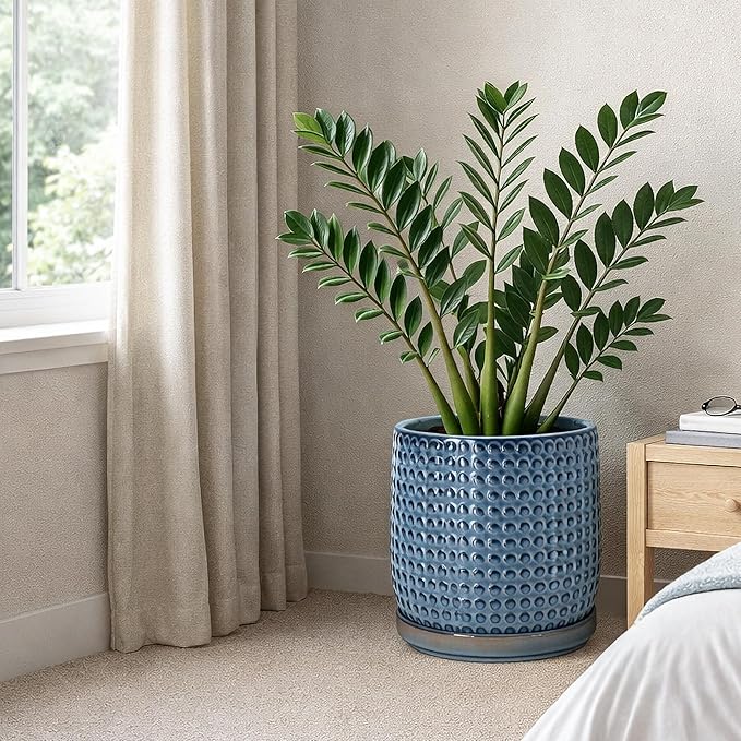 D'vine Dev 10 Inch Ceramic Beaded Stoneware Planter Pot - Flower Pot with Drainage Holes and Saucers for Indoor Succulent Plants or Flowers, Ocean Teal, 27-C-P-8