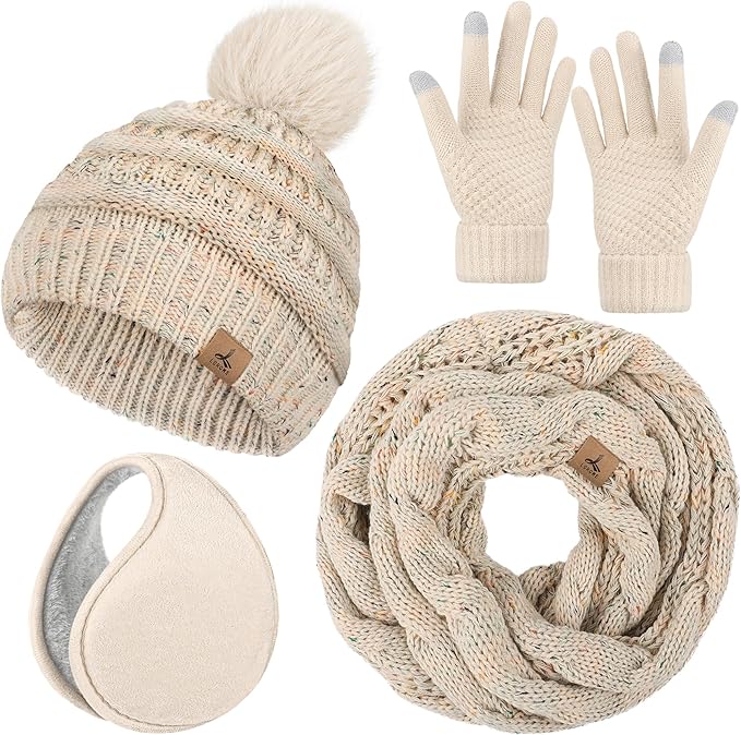 Winter Hat Scarf Gloves and Ear Warmer, Warm Knit Beanie Hat Touch Screen Gloves Set Winter Gifts Neck Scarves for Women