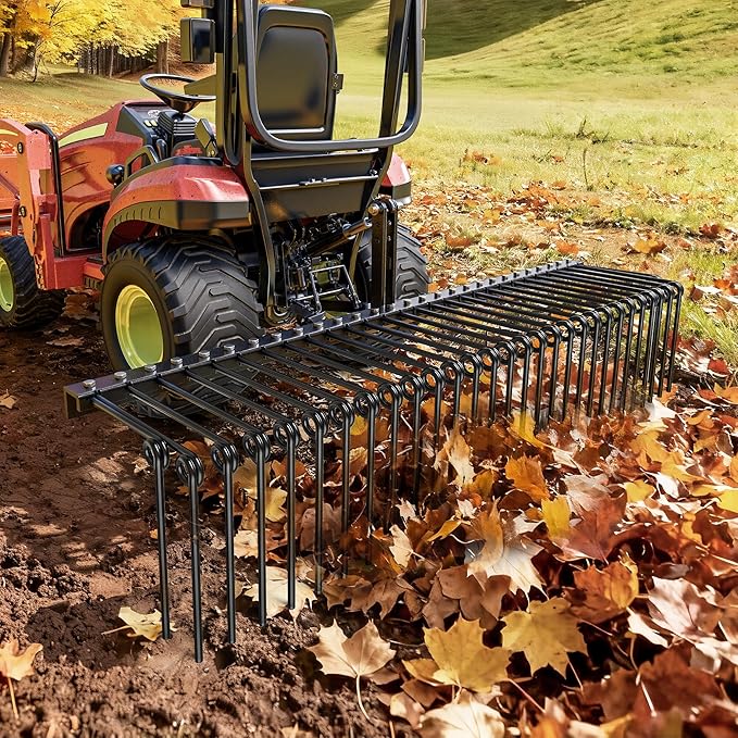 YITAMOTOR 72" Tow Behind Landscape Rake, 3 Point Quick Hitch Lawn Dethatcher Rakes with 32 Steel Tines for Category 1 Tractors, Heavy Duty Powder Coated Finish Tools for Leaves, Pine Needles, Straw