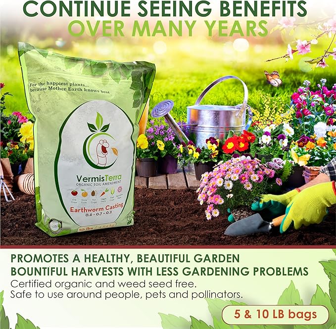 VermisTerra Earthworm Castings - (5 LB) 2.7 qts - 100% Organic Earthworm Castings - All Natural Plant Fertilizer - Soil Enhancer - Potting Mix for Plants, Vegetables, Flowers, Indoor + Outdoor