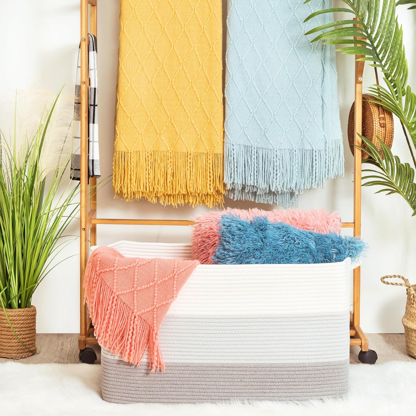 MINTWOOD Design 22in Extra Large Blanket Basket Holder Living Room, Rectangle Rope Woven Storage Basket with Handles for Laundry, Pool Towels, and Shoes, Dog Toy Organizer Bin Box, 3-Tone Light Gray