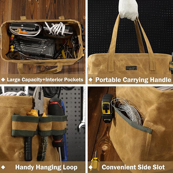 Open Top Tool Bag, Heavy Duty 16oz Waxed Canvas Tool Bag with Inside Pockets & Sturdy Handles - for Gardner Carpenter Craftsman - Tool Tote Bag Pouch | 15"Lx7"Wx10"H | Khaki
