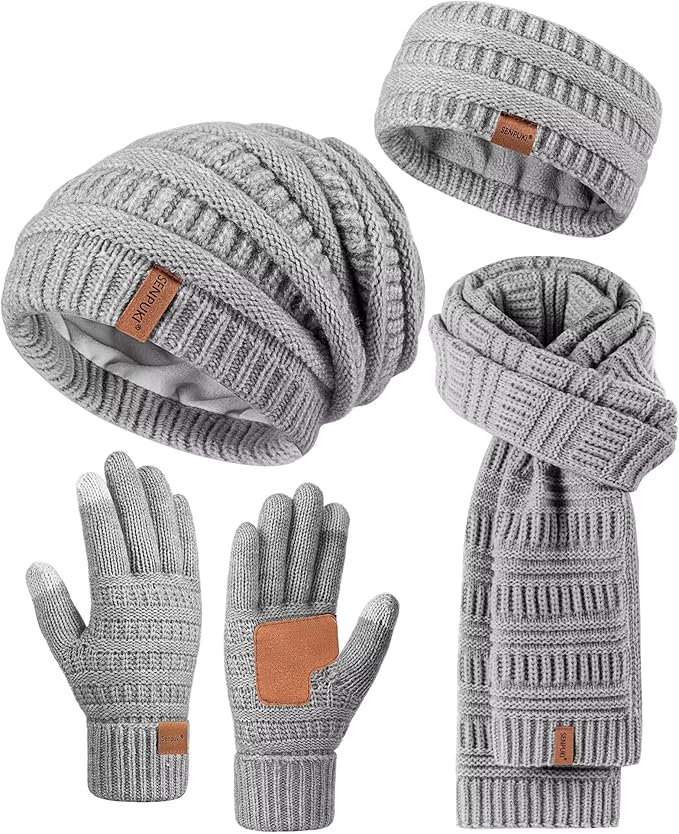 Womens Winter Beanie Hat Scarf Gloves Headband Set, Slouchy Beanie Ear Warmer Knit Scarf Touchscreen Gloves Warm 4 Gift Set
