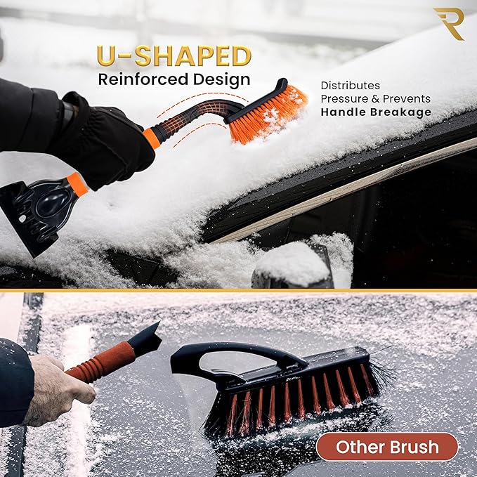RevLux Heavy-Duty Snow Brush and Ice Scraper for Cars & SUVs | U-Shaped Reinforced Handle, Ultra-Soft Non-Scratch Bristles, Durable ABS Ice Scraper | Winter Car Snow Removal Tool | 27-Inch