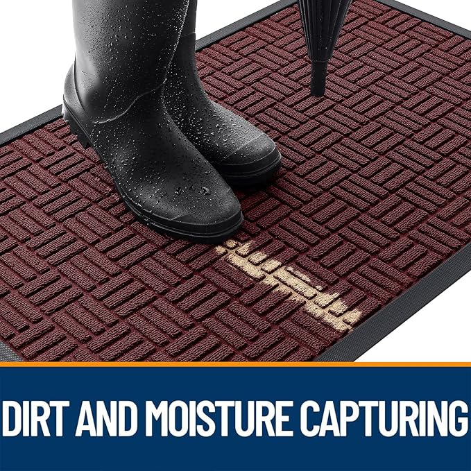 OLANLY Front Door Mat Outside Entrance 29.5x17, Absorbent, Heavy Duty Sturdy Natural Rubber Doormat Indoor Outdoor, Non-Slip, Stain and Fade Resistant, Low Profile Floor Mat for Entryway, Burgundy