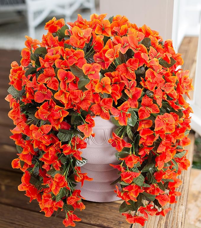 Artificial Bougainvillea Faux Flowers Plants for Outdoors Outside Fall Autumn Decor, 2 PCS Silk Trailing Vines UV Resistant Realistic Orange Fake Flowers for Planter Front Door Porch Patio Balcony