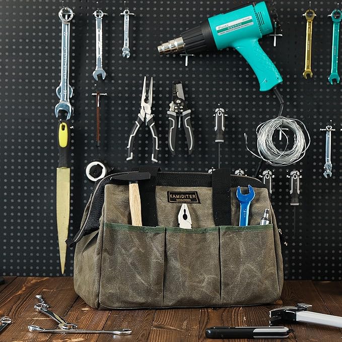 15 Inch Tool Bag, Heavy Duty Wide Mouth Water-Resistant Tool Bag, Tool Tote with Handle for Tools, Wrenches, Screwdrivers (15 X 7.8 X 11.5 inch) | ArmyGreen