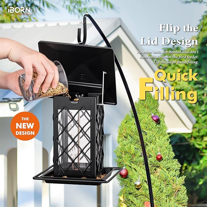 iBorn Bird Feeders for Outdoors, Metal Bird Feeder, Wild Bird Feeders for Cardinal, 2.4LBS Capacity,18cm Large Roof, Lantern Style, Black