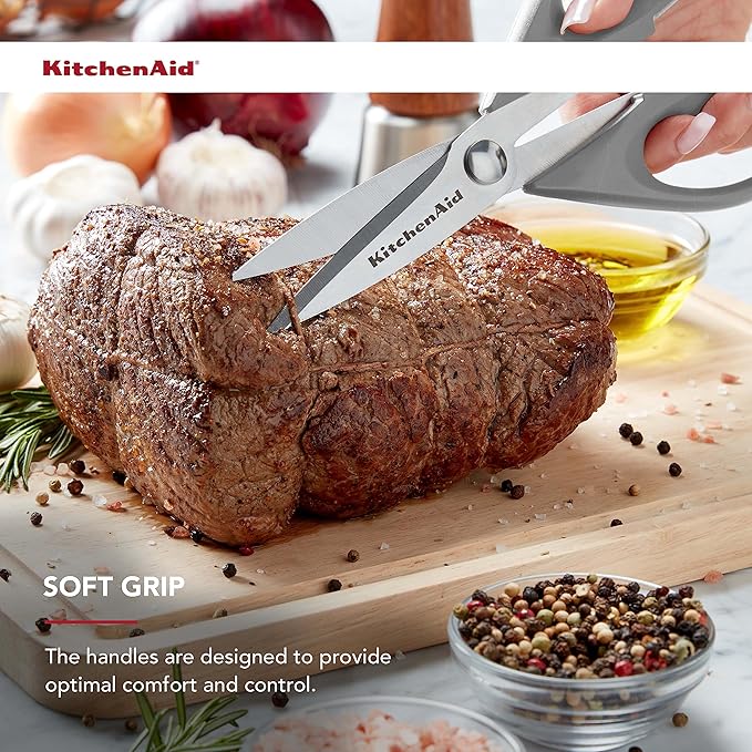 KitchenAid All Purpose Kitchen Shears with Protective Sheath Durable Stainless Steel Scissors, Dishwasher Safe, Soft Grip Comfort Handle, 8.72 Inch, Gray