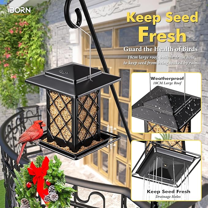 iBorn Bird Feeders for Outdoors, Metal Bird Feeder, Wild Bird Feeders for Cardinal, 2.4LBS Capacity,18cm Large Roof, Lantern Style, Black
