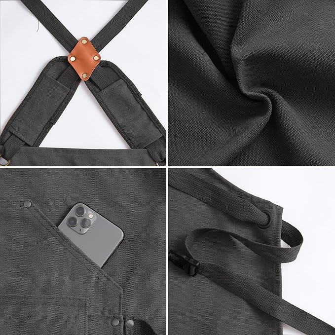 Tosewever Work Aprons for Men with Large Pockets, Canvas Cross Back Heavy Duty Adjustable Tool Aprons for Chef Cooking BBQ