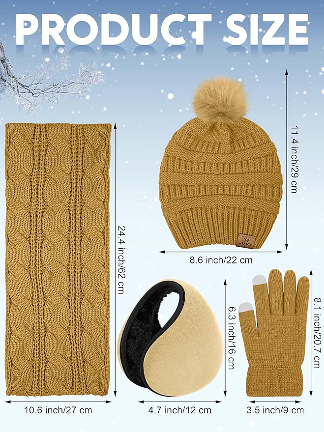 URATOT 4-In-1 Winter Warm Sets Knitted Scarf Touch Screen Gloves Beanie Pompom Hat and Winter Ear Warmer for Men or Women