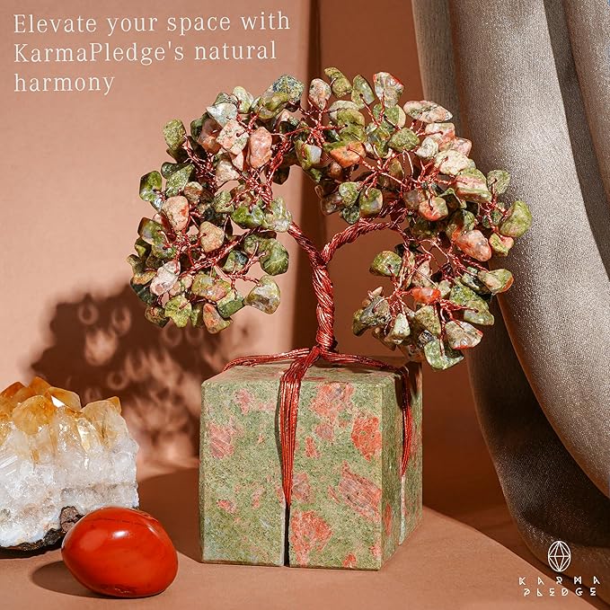 Crystal Tree for Birthday Gifts for Women, Handmade Raw Crystal Base Unakite Chakra Healing Crystal Tree of Life for Positive Energy, Money, Good Luck, Christmas Décor, Home and Office Decor