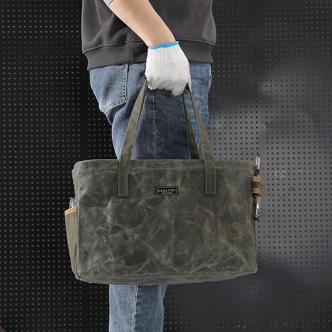 Kaaltisy Canvas Tool Tote Bag | 16OZ Waxed Canvas Tool Carrying Bag - with 8 Pockets & Metal Support Rods, Rectangular Foldable Canvas Tote Tool Bag for Chisels Wrench Hammer Level | Army Green