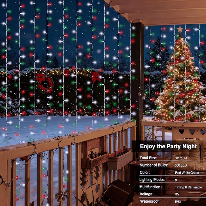 echosari Red White and Green Christmas Curtain Lights Battery Operated, 300 LED Fairy Curtain Lights 9.8Ft x 9.8Ft Hanging Lights with Remote Timer for Party Holiday Garden Yard Decor