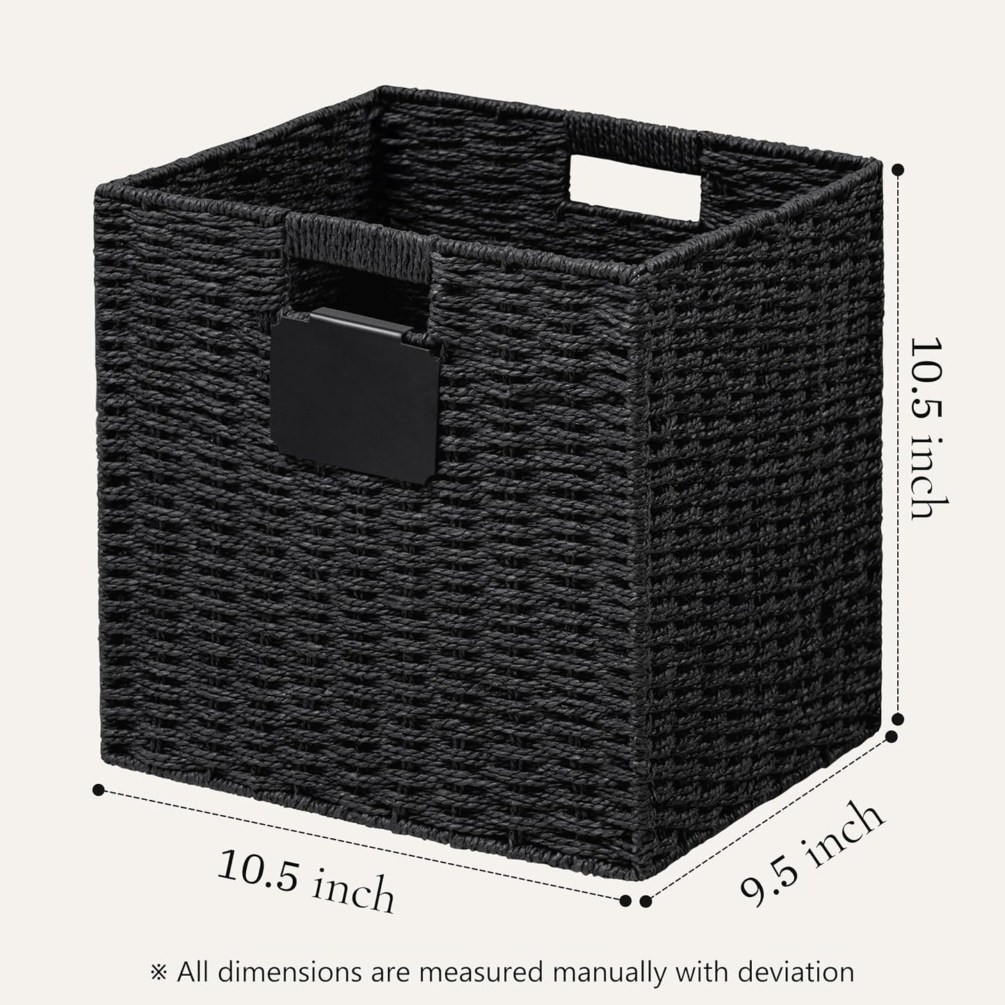 UBBCARE 2 Pack Wicker Basket, 10.5×10.5 Storage Cubes with Label, Foldable Cube Storage Bin with Handle, Square Storage Basket for Shelves, Woven Paper Rope Basket for Organizing, Black