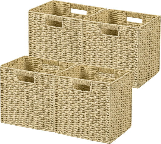 UBBCARE 4 Pack Wicker Basket, 11L×11H×10.5W inch Woven Paper Rope Storage Baskets for shelves, Foldable Cube Storage bin with Handle, Storage Basket for Organizing & Decor, Natural