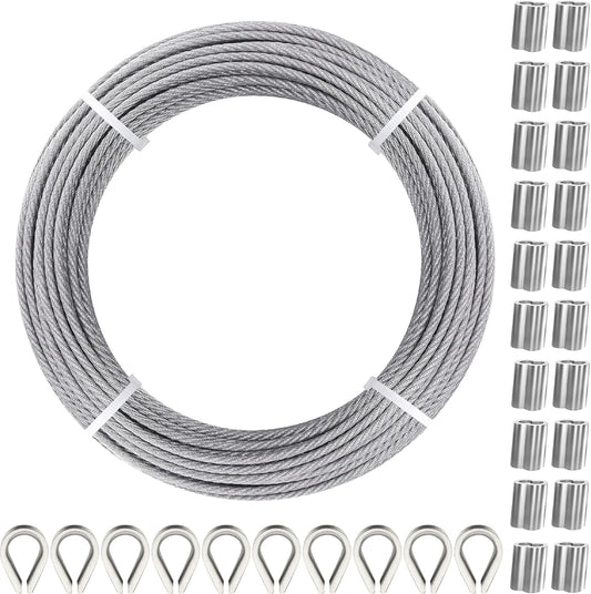 100FT 1/8" T316 Stainless Steel Cable with Cutter, 7x7 Strands Aircraft Wire Rope for Deck Railing, Stair Handrail, Porch Fence, High Strength for Indoor and Outdoor Use