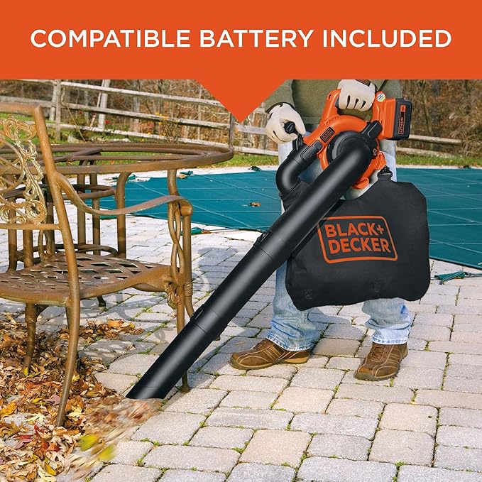 BLACK+DECKER Leaf Blower Cordless Leaf Vacuum and Mulcher Combo Kit, Battery and Charger Included, 40V 120 mph Air Speed, 6-Speed Dial, Built-in Scraper with Collection Bag (LSWV36)