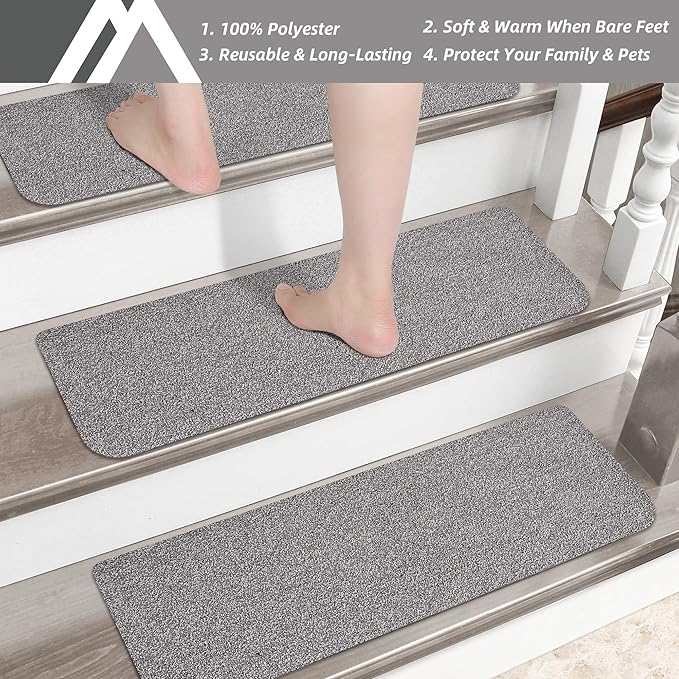 COSY HOMEER Stair Treads Non-Slip Carpet Mat 28inX9in Indoor Stair Runners for Wooden Steps, Stair Rugs for Kids and Dogs, 100% Polyester TPE Backing 4pcs,Grey,Protect Floor
