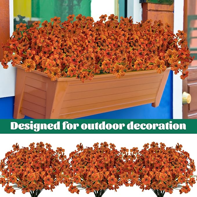 Lnoicy 24 Pcs Artificial Flowers for Outdoor,Plastic Flowers Decoration, UV Resistant Faux Flowers Shrubs, Artificial Plants for Indoor Outside Garden Home Wedding Farmhouse(Orange)