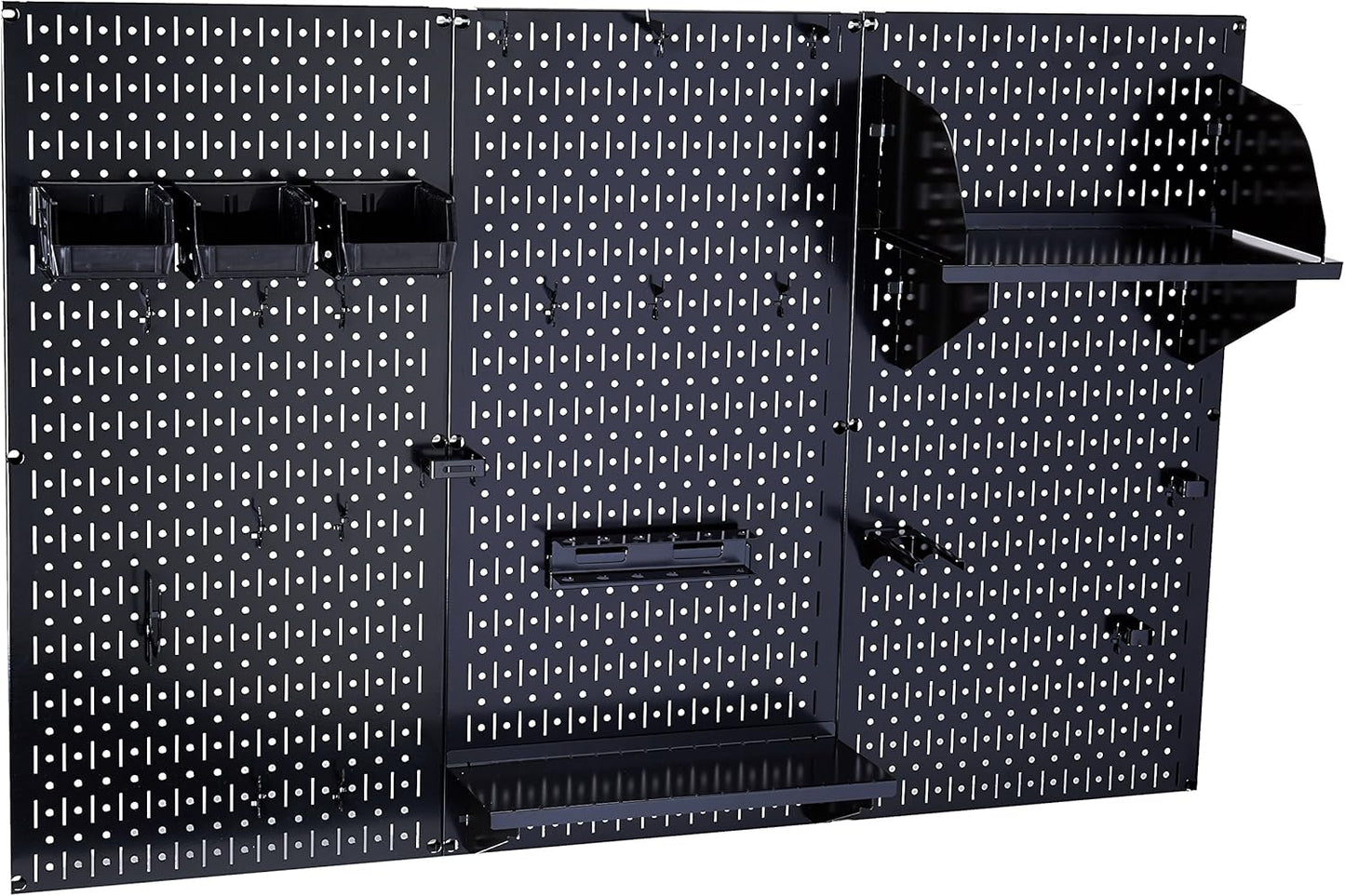 Wall Control Metal Pegboard Organizer 4ft Standard Storage Kit with Tool Board & B Slotted Storage Panel Deluxe Black Hooks