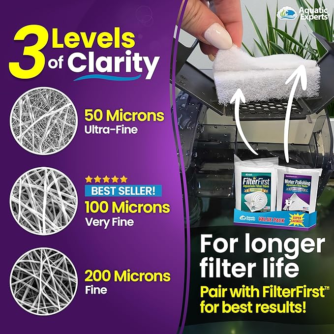 Aquatic Experts Aquarium Polishing Filter Pad, Water Polishing Pad for Aquarium Filters, Filter Floss for Fish Tank Filters, (50 Micron, 24" x 36" - 4 Pack)