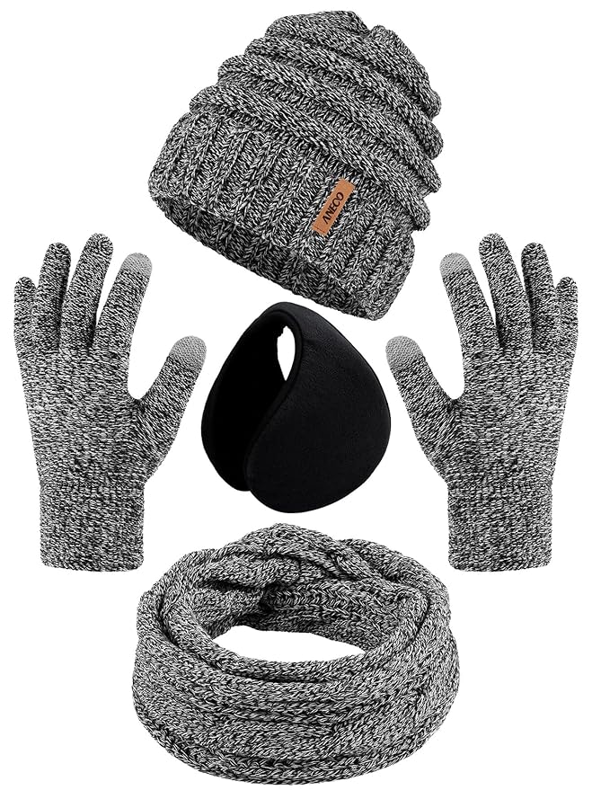 Aneco Winter Warm Sets Knitted Scarf Beanie Hat Touch Screen Gloves and Winter Ear Warmer Hats for Women or Men