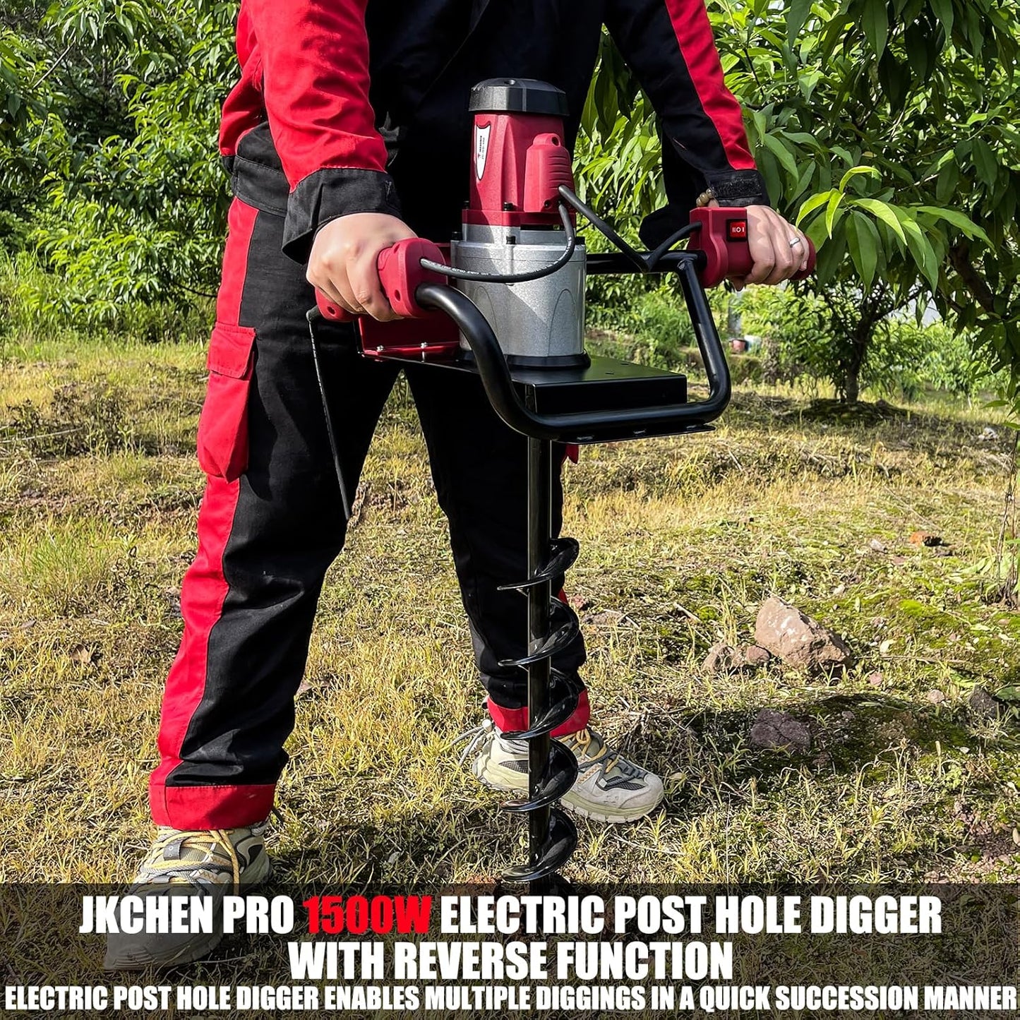 JKCHENPRO Earth Auger with Reverse Function, 1500W Electric Post Hole Digger with 6" Drill Bit, 110V Electric Powered Auger for Fence Posts, Tree Planting, Landscaping & Gardening