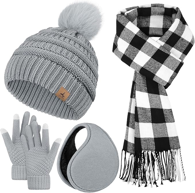 Winter Hat Scarf Gloves and Ear Warmer, Knit Warm Beanie Hat Touch Screen Gloves Long Knitted Plaid Scarf Set Gifts for Women