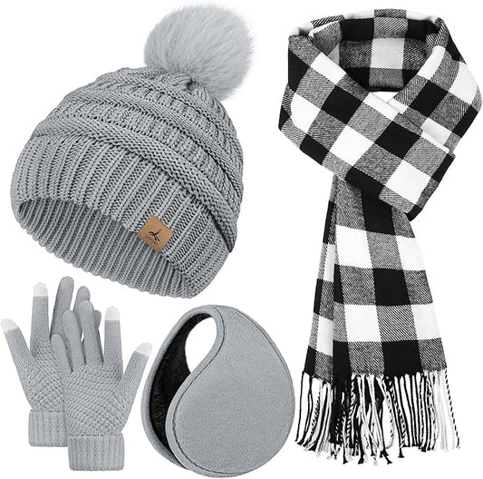 Winter Hat Scarf Gloves and Ear Warmer, Knit Warm Beanie Hat Touch Screen Gloves Long Knitted Plaid Scarf Set Gifts for Women