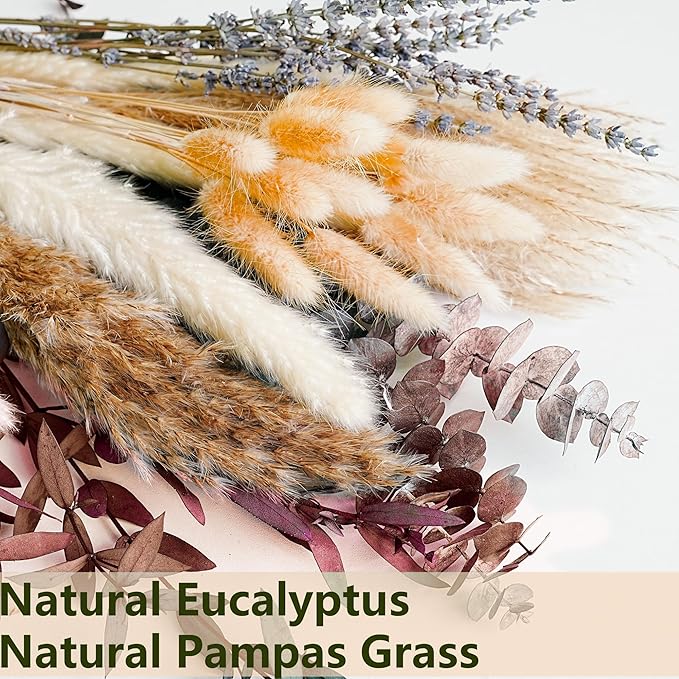 Fall Dried Flower Bouquet with Pampas Grass, Orange Bunny Tails, Lavender & Red Eucalyptus –Boho Fall Decor for Home, Vase, Porch & thanksgiving –Autumn Floral Arrangements for Fall Decorations Indoor