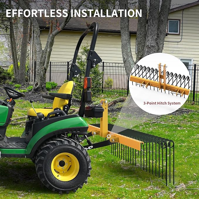 YITAMOTOR 60" Tow Behind Landscape Rake, 3 Point Quick Hitch Lawn Dethatcher Rakes with 28 Steel Tines for Category 1 Tractors, Heavy Duty Powder Coated Finish Tools for Leaves, Pine Needles, Straw
