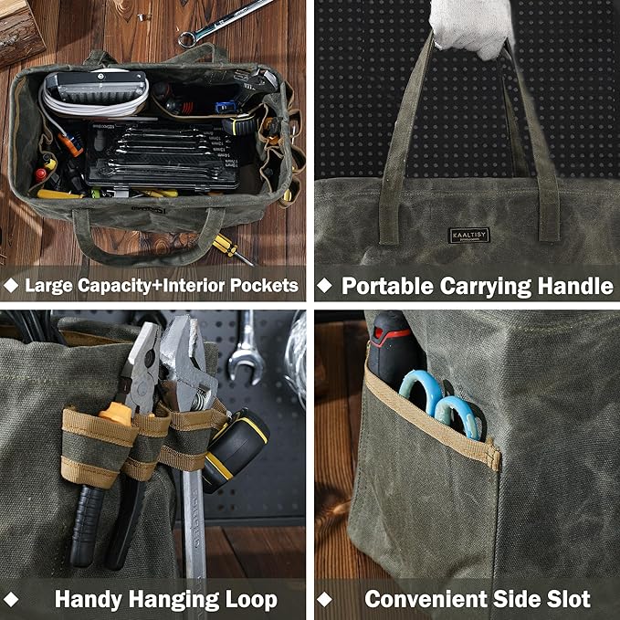 Kaaltisy Canvas Tool Tote Bag | 16OZ Waxed Canvas Tool Carrying Bag - with 8 Pockets & Metal Support Rods, Rectangular Foldable Canvas Tote Tool Bag for Chisels Wrench Hammer Level | Army Green