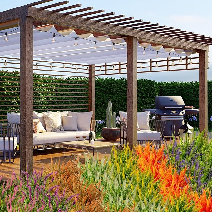 12 Bundles Artificial Plants Outdoor Fake Boston Fern Greenery with Flowers Faux UV Resistant Shrubs Garden Patio Porch Window Box Farmhouse Hanging Decor(Green)