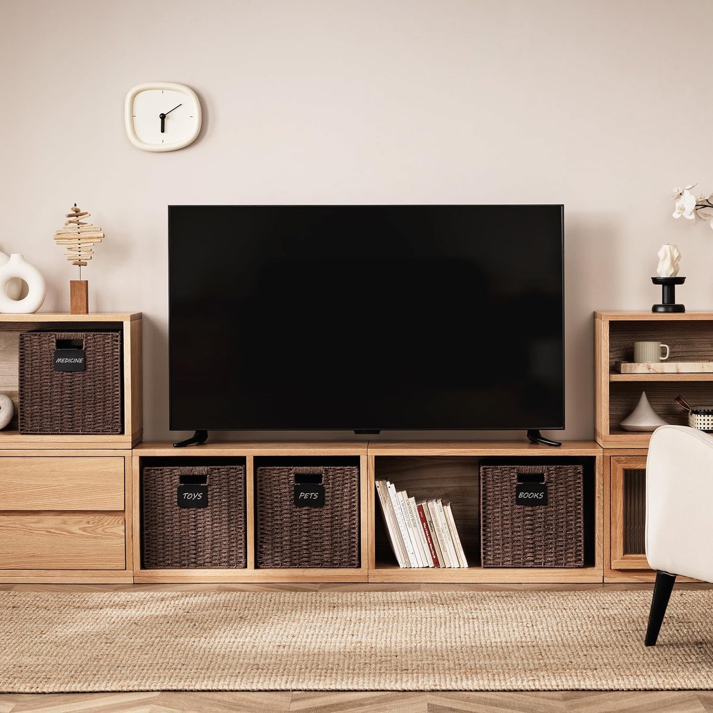 UBBCARE 4 Pack Wicker Basket, 12×12 Storage Cubes with Label, Foldable Cube Storage Bin with Handle, Square Storage Basket for Shelves, Woven Paper Rope Basket for Organizing, Brown