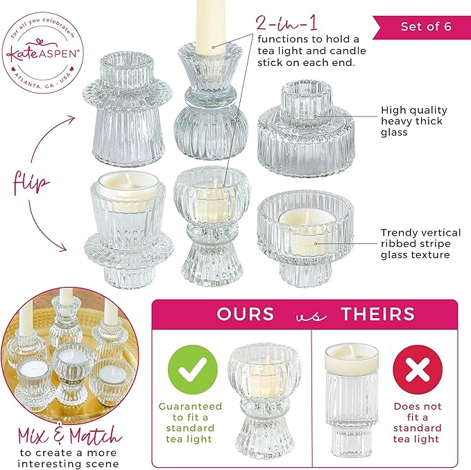 Kate Aspen Vintage Ribbed Glass Black Candlestick Holders, Pillar Candle, Tealight & Votive Candle Holders (Set of 6, 3 Assorted Sizes), Dining Table Decor, Shelf Decor, Centerpiece