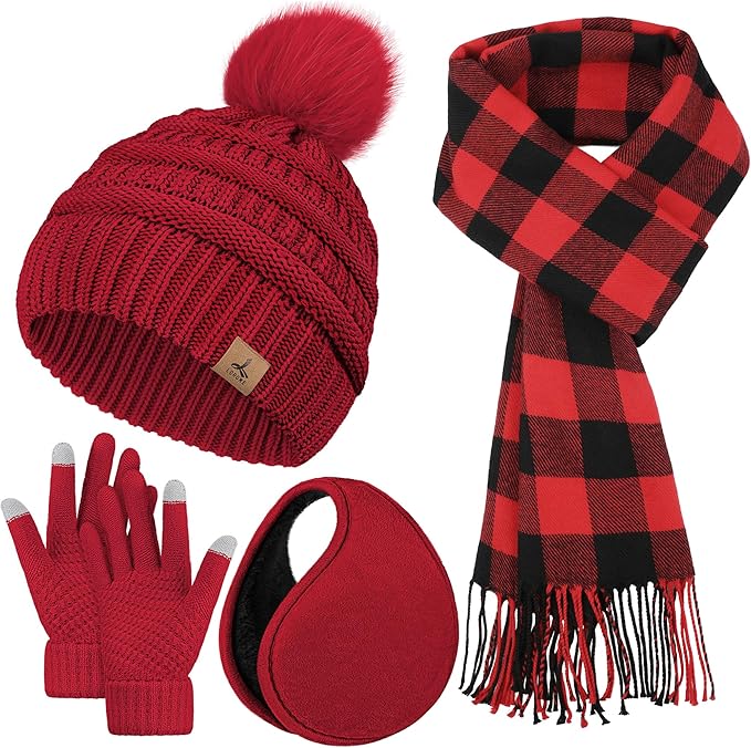 Winter Hat Scarf Gloves and Ear Warmer, Knit Warm Beanie Hat Touch Screen Gloves Long Knitted Plaid Scarf Set Gifts for Women
