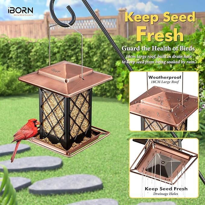 iBorn Bird Feeders for Outdoors, Metal Bird Feeder, Wild Bird Feeders for Cardinal, 2.4LBS Capacity,18cm Large Roof, Lantern Style, Brush Copper